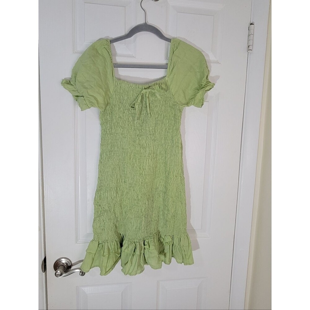 Faithfull the Brand Light Green Smocked Puff Sleeve Dress Size 8 Women.